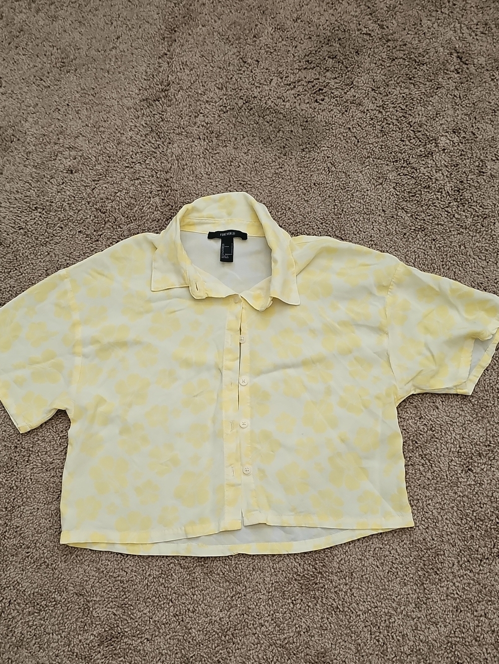 Forever 21 Yellow Patterned Button-Down Crop Shirt